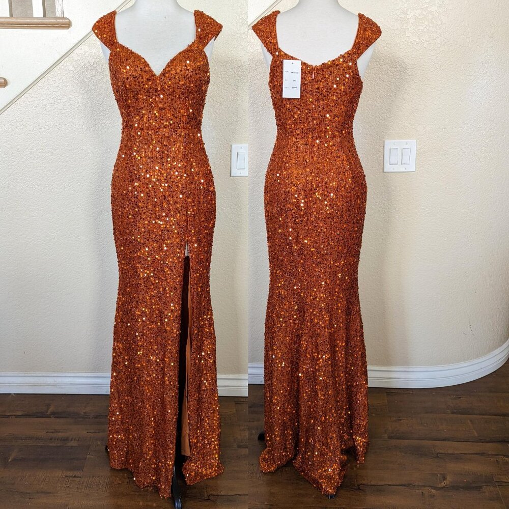 Burnt Orange Sweetheart Neck Sequin Formal Prom Wedding Evening Dress